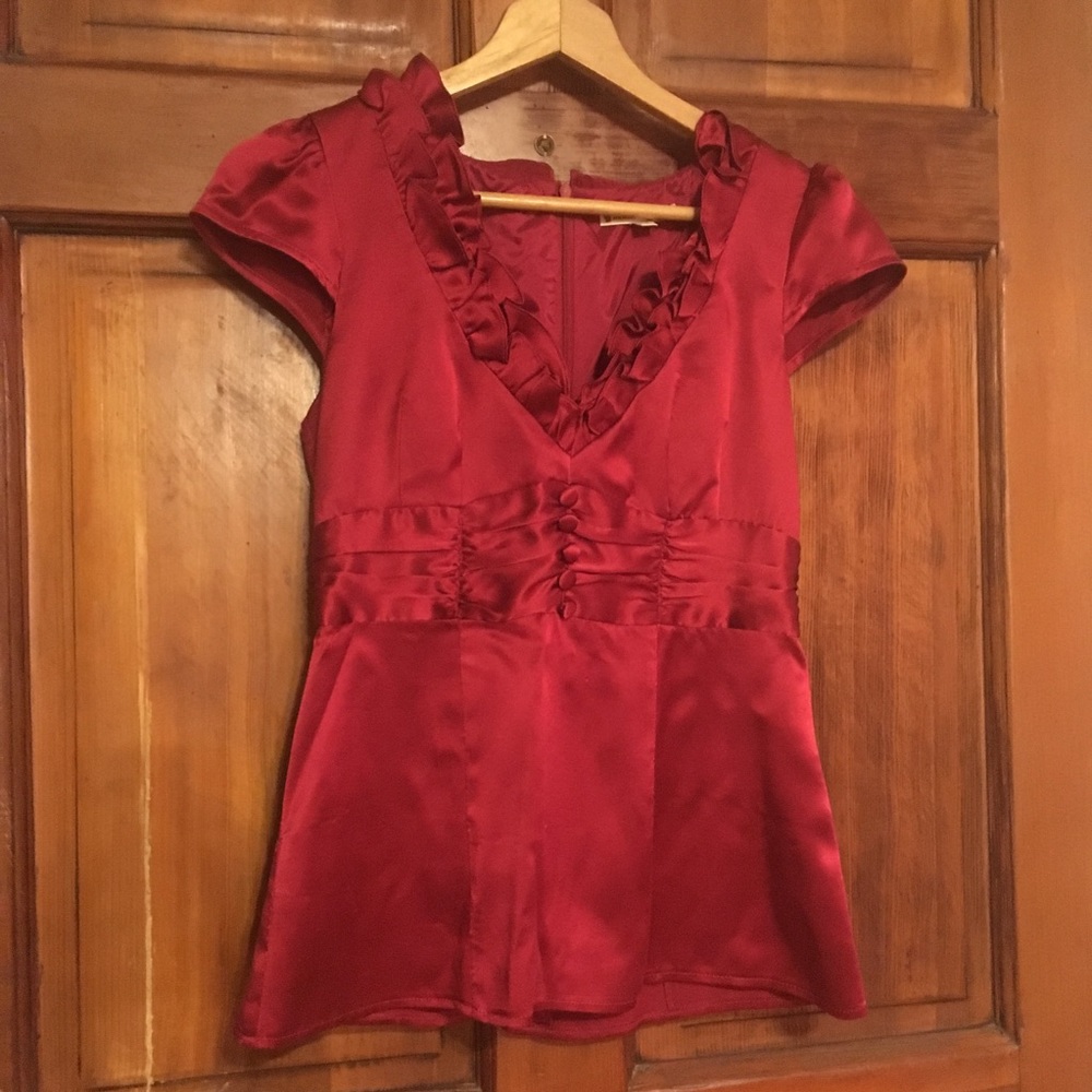 Nanette Lepore Maroon Silk Ruffle Blouse